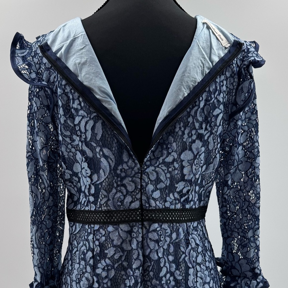Diandian Didi Ruffle Lace Trim Midi Knee Length Dress, Blue and Black, Size S/M - Picture 9 of 13